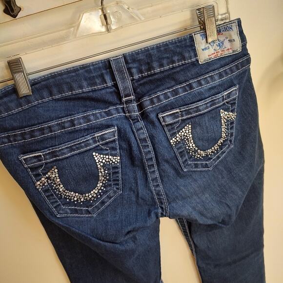 True Religion Dark Wash Boot Cut Crystal Pocket Jeans Waist Size 28 - Picture 4 of 15
